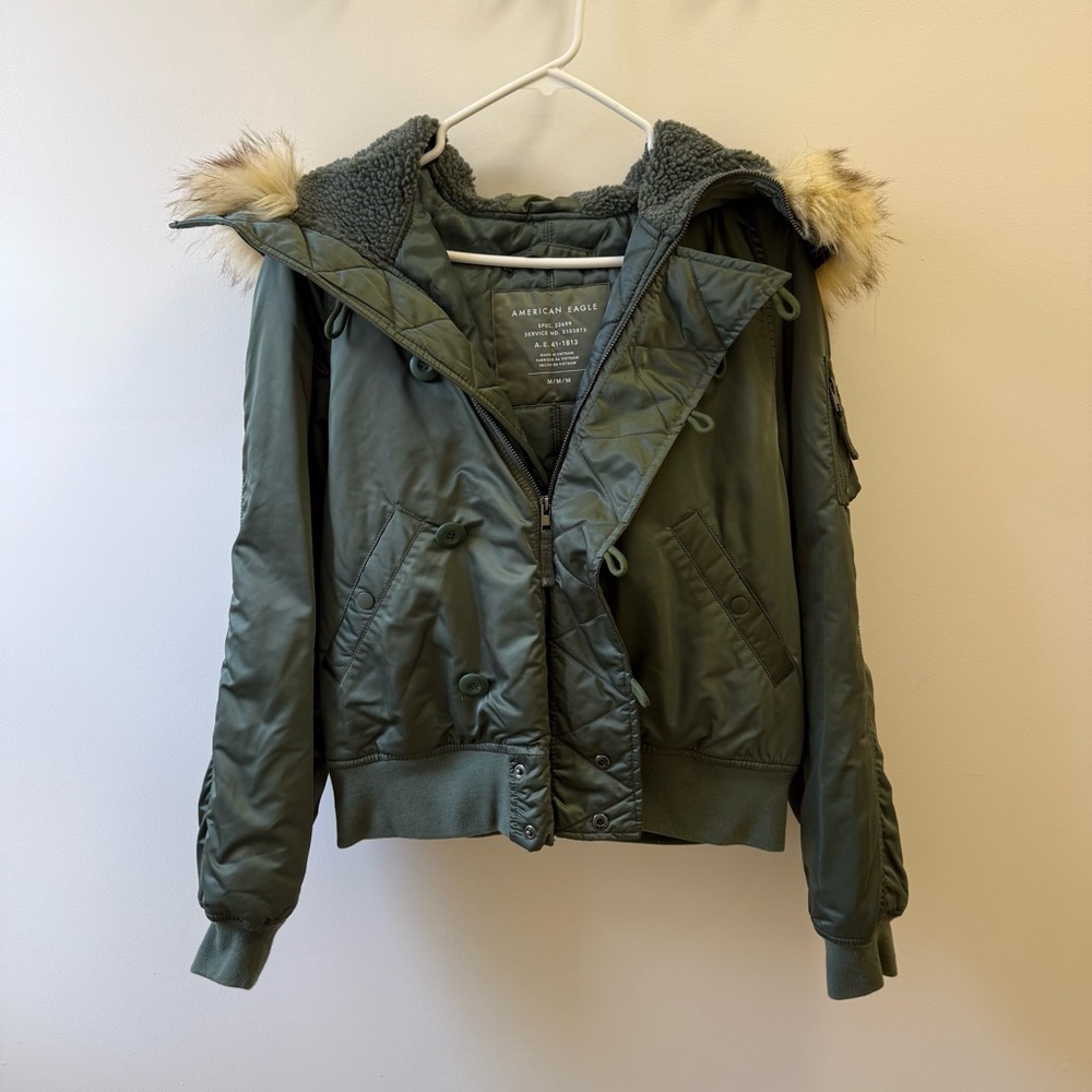 American Eagle Outfitters Olive Bomber Jacket with Faux Fur Trim